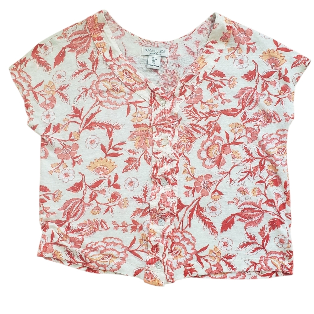 Rachel Zoe Blouse. Short Sleeve. 100% Linen. Floral. Small. Summer. Spring